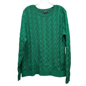 Lands' End Cable Knit Sweater Crewneck Cotton Pullover Large Kelly Green Preppy